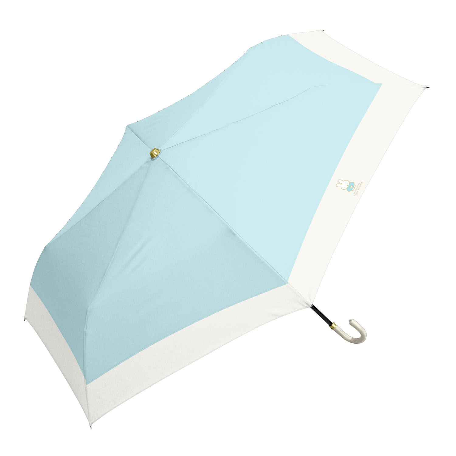 ミッフィー 晴雨兼用コンパクト折りたたみ傘 レザーハンドル 水色×白 切り継ぎ