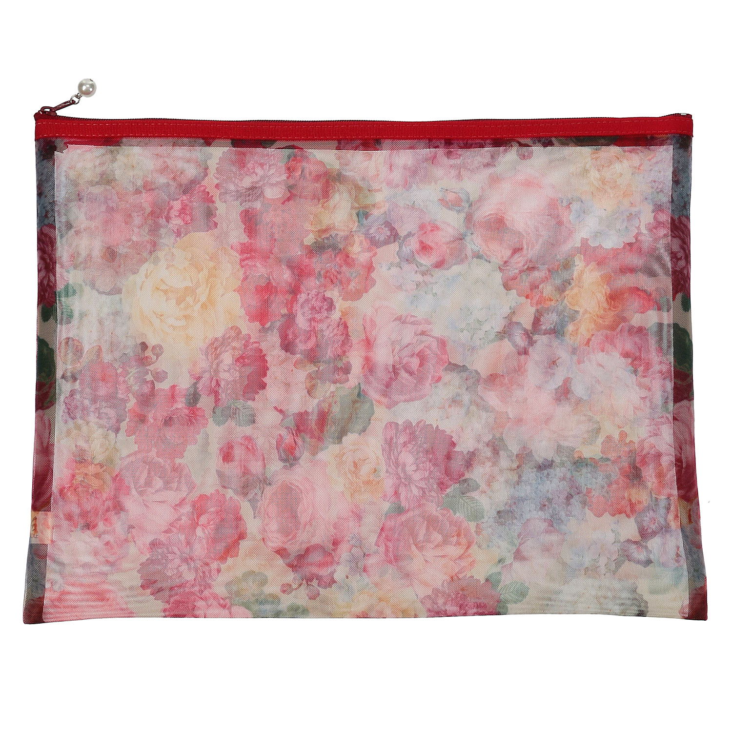 【日本製】 花柄メッシュ天ファスナーフラットポーチ（特大） - 画像2