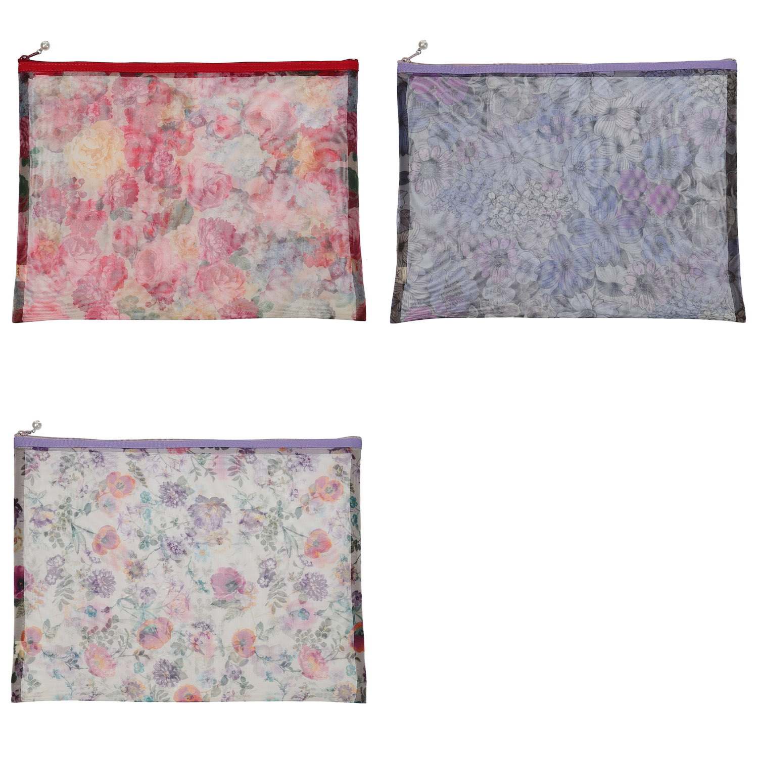 【日本製】 花柄メッシュ天ファスナーフラットポーチ（特大）