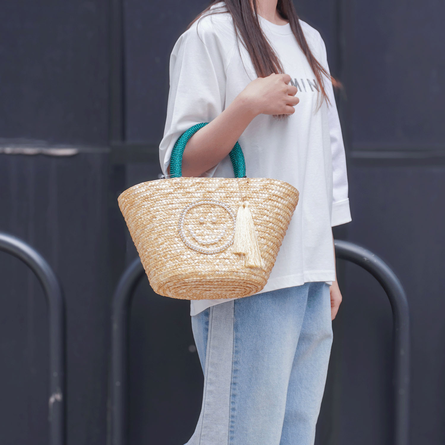 COOCO SMILEY パール刺繍ビーズハンドルカゴバッグ