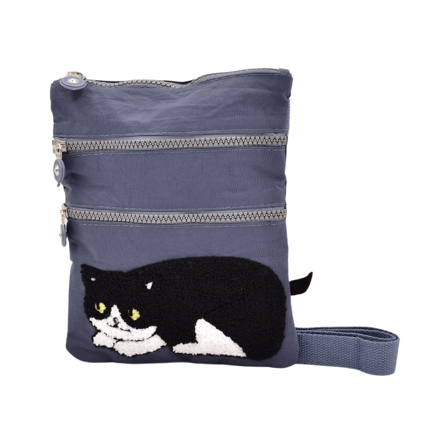 【ローズは在庫限りで終了】ネコ刺繍3ファスナーショルダーバッグ