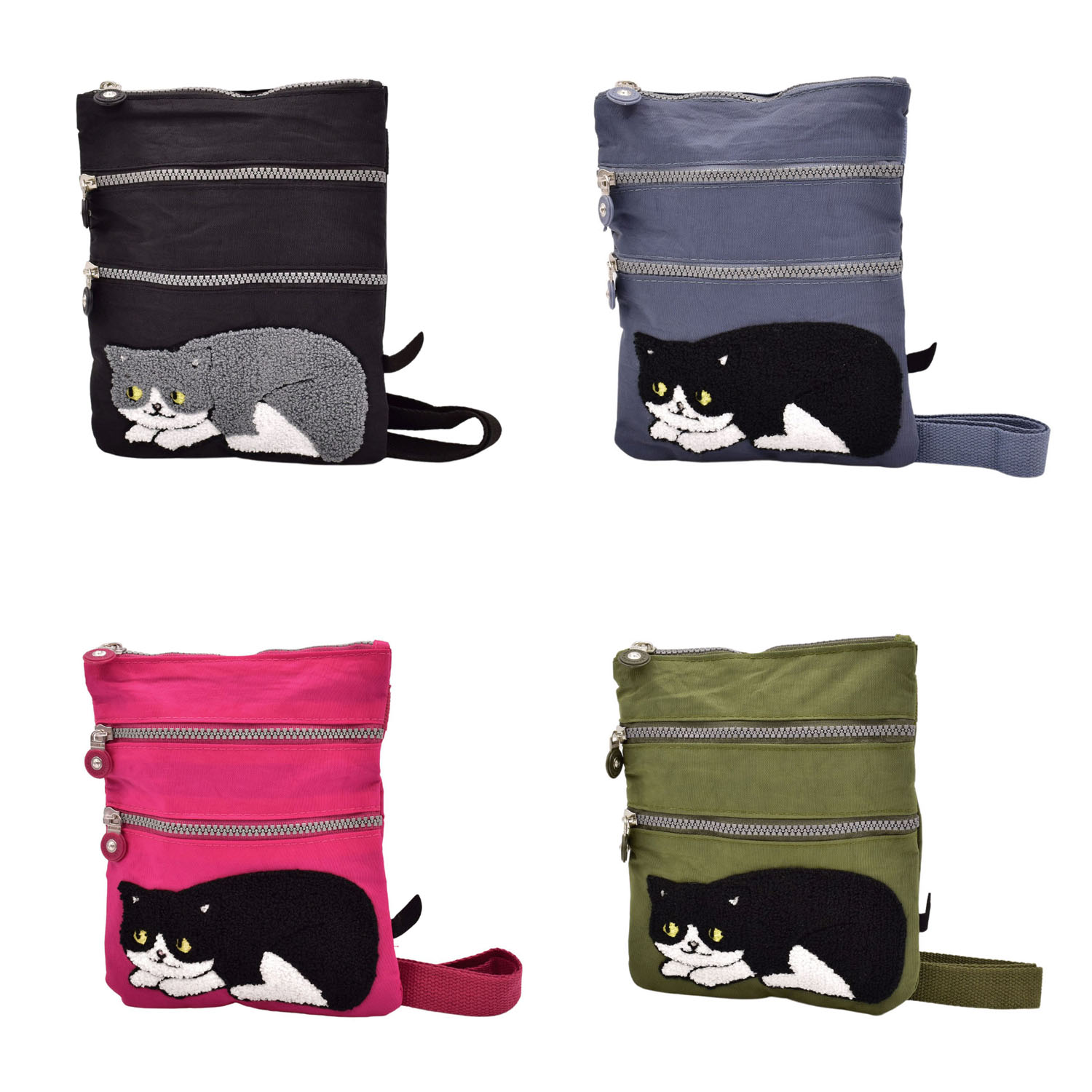 【ローズは在庫限りで終了】ネコ刺繍3ファスナーショルダーバッグ - 画像1