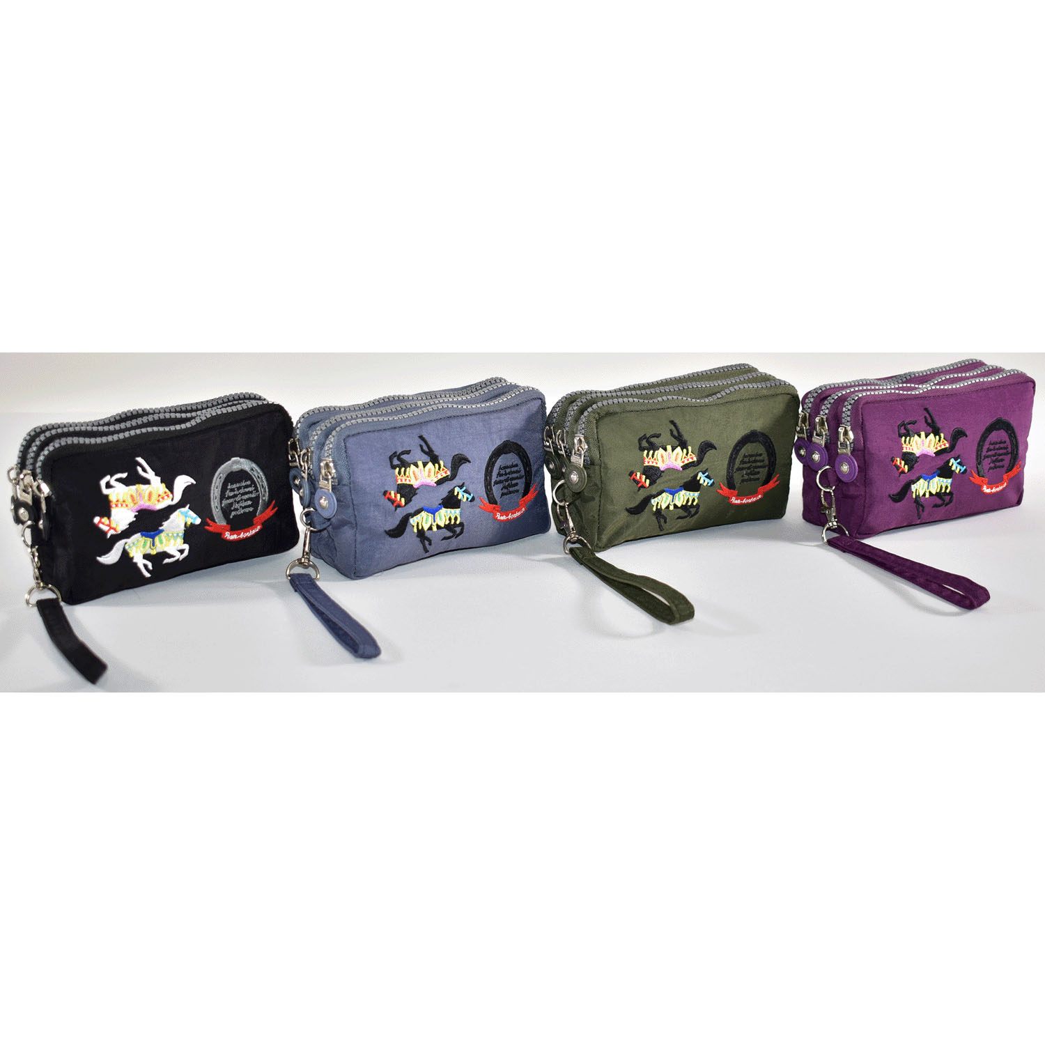 馬刺繍 3ファスナーポーチ