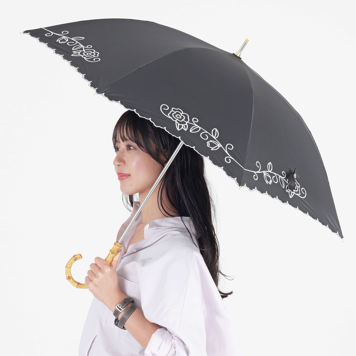 晴雨兼用 ローズ刺繍長傘 - 画像5