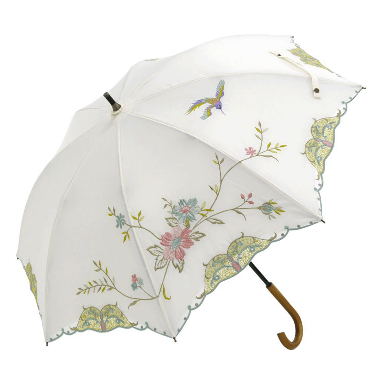 完全遮光 （晴雨兼用）女優日傘 「花鳥刺繍かわず張り」ショート長傘 - 画像2