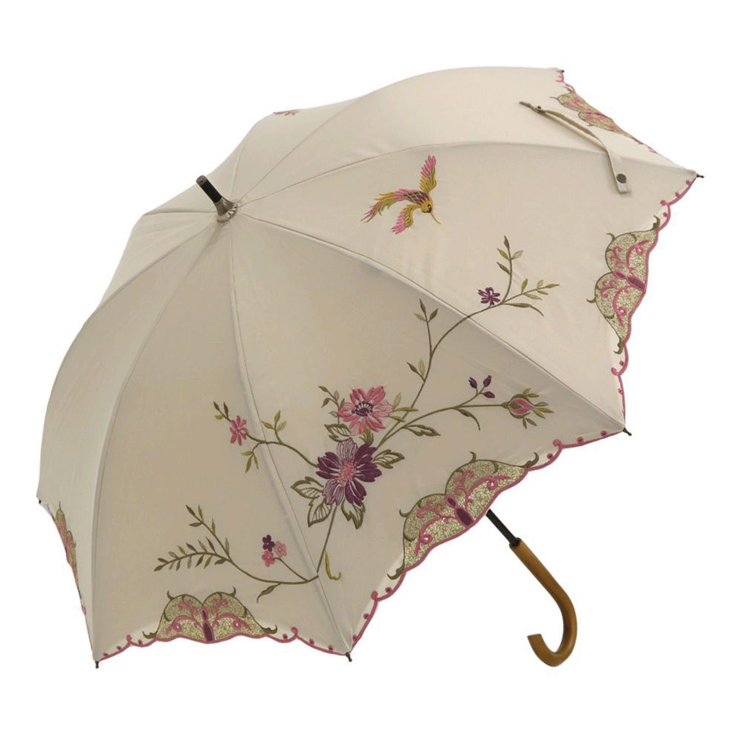 完全遮光 （晴雨兼用）女優日傘 「花鳥刺繍かわず張り」ショート長傘 - 画像10