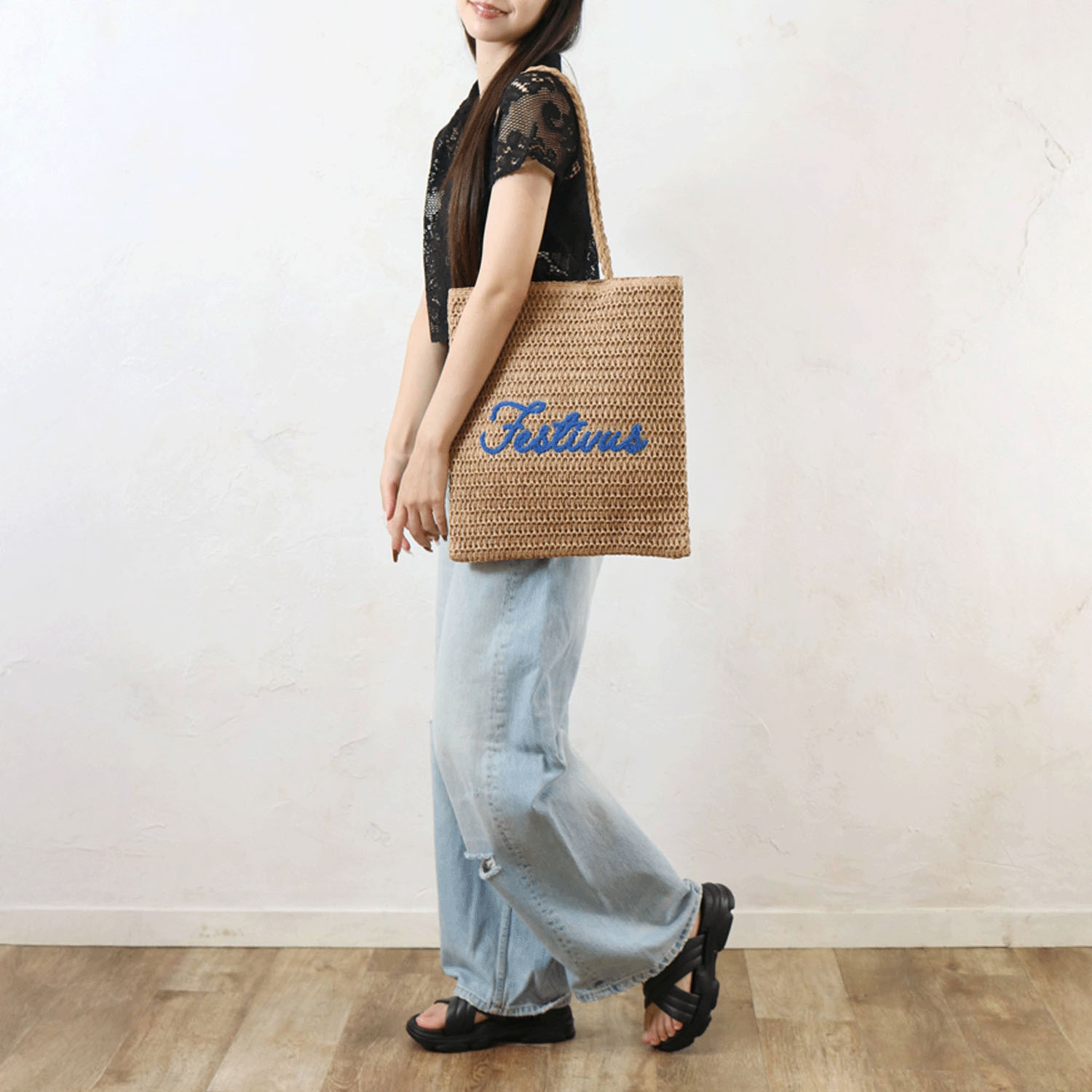 雑材サガラ刺繍フラットトートバッグ - 画像1