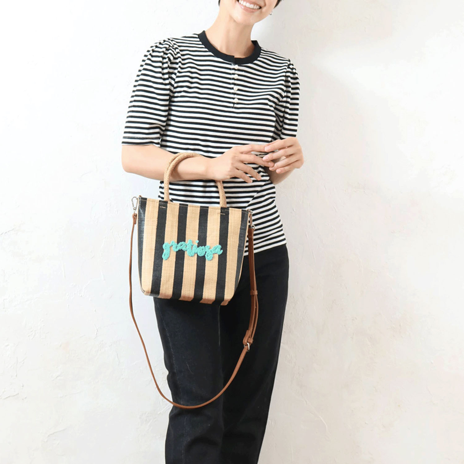 雑材サガラ刺繍ストライプ2WAYバッグ