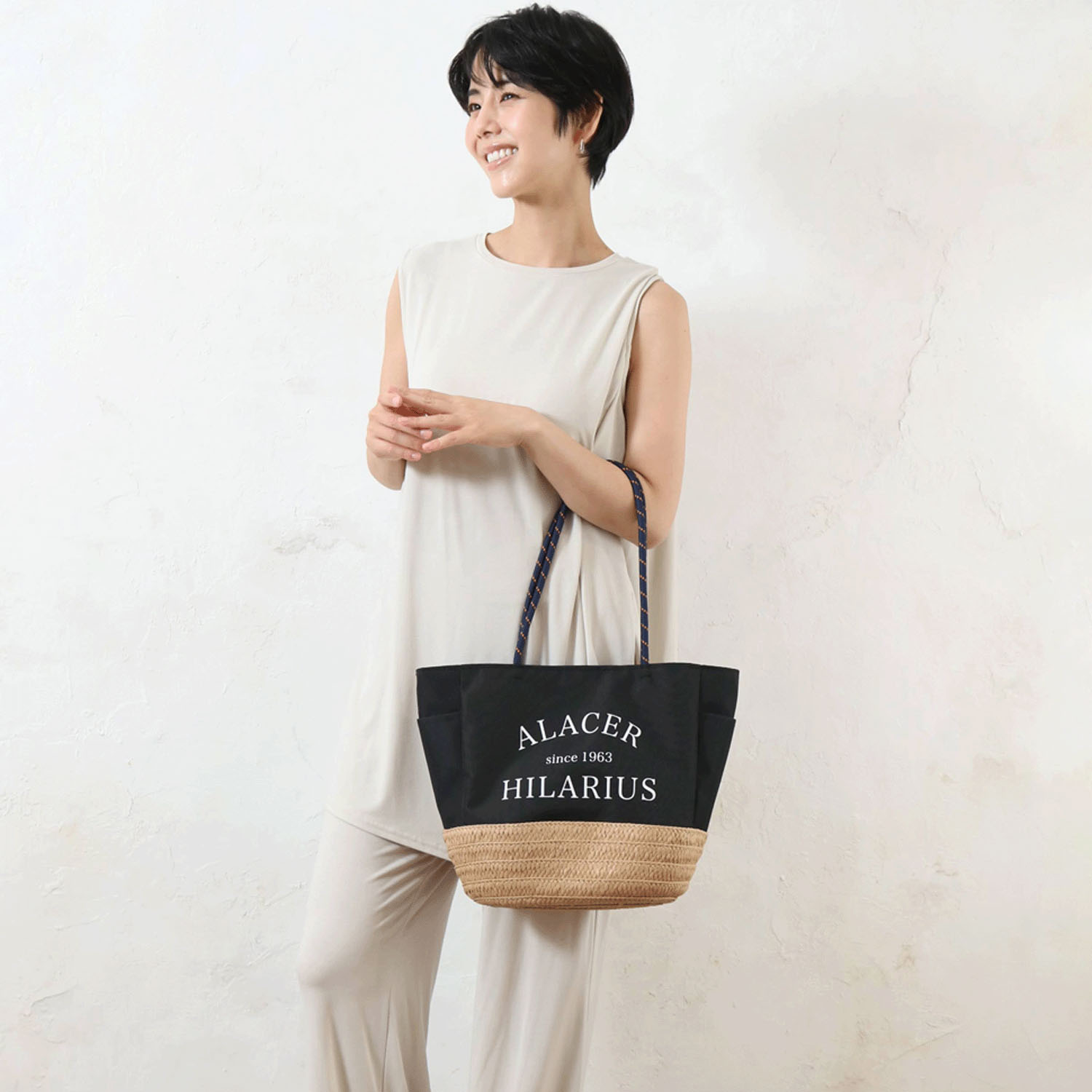 雑材パラロープハンドルロゴトートバッグ - 画像3