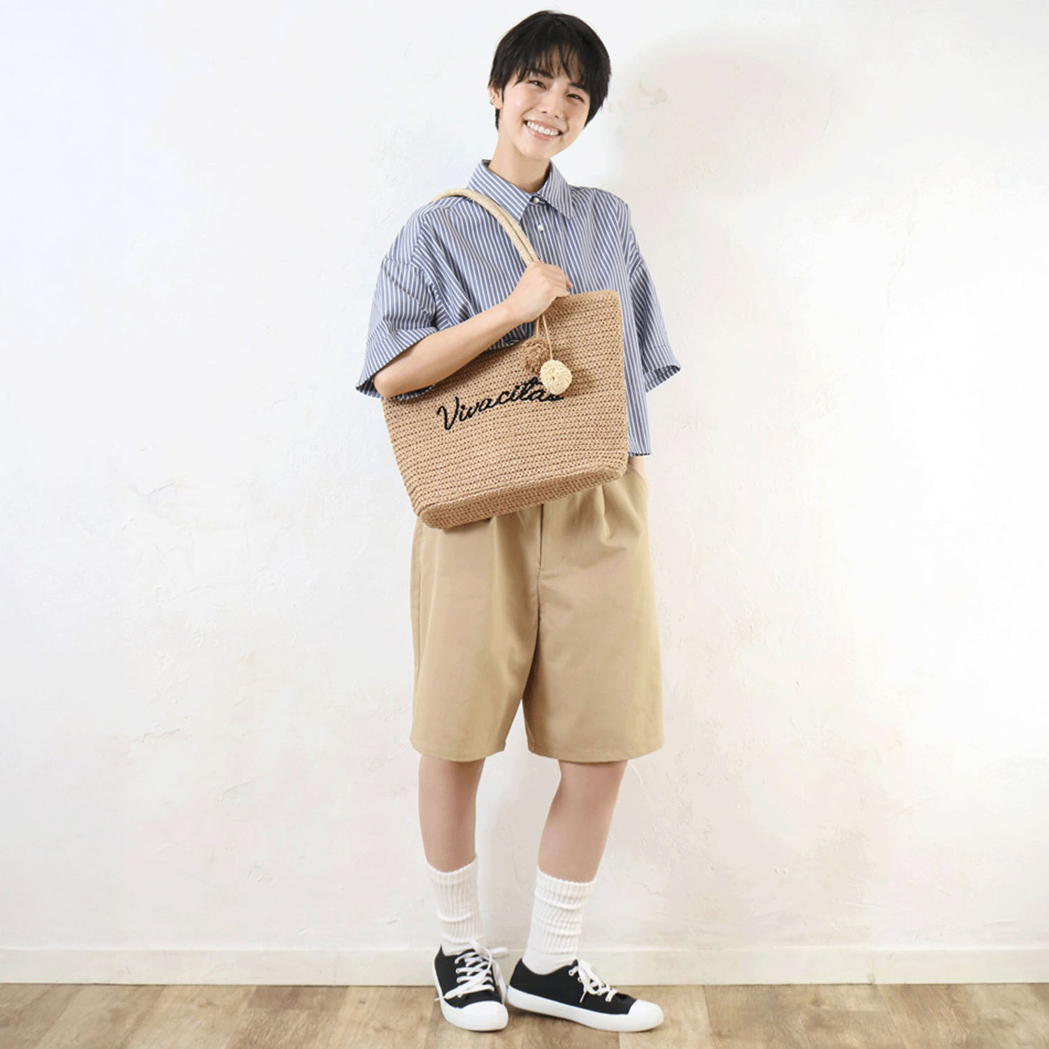 雑材ロゴ刺繍ポンポン付トートバッグ - 画像4