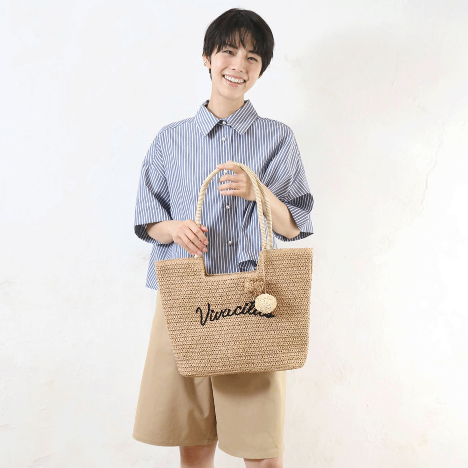 雑材ロゴ刺繍ポンポン付トートバッグ