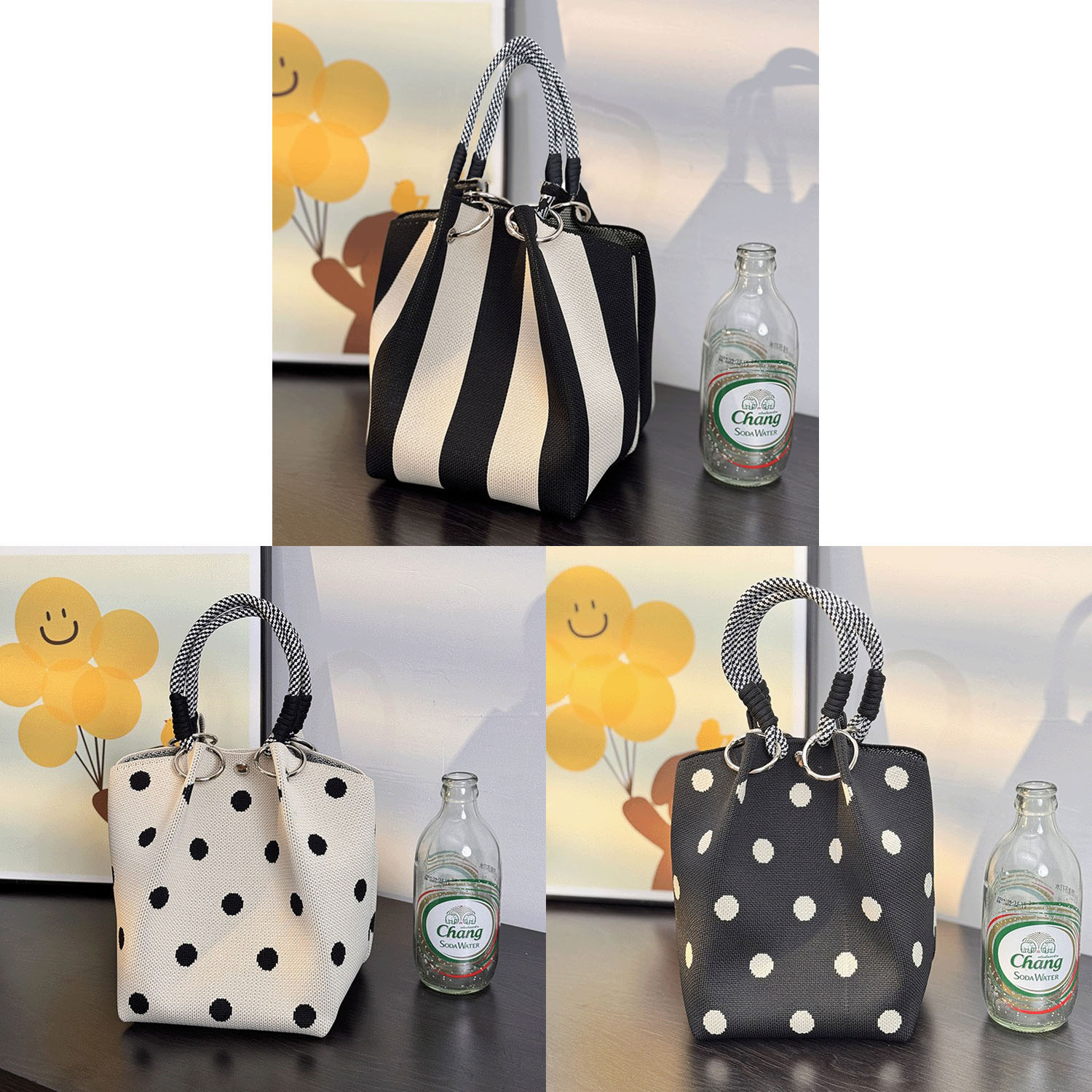 柄ものロープハンドルニットバッグ