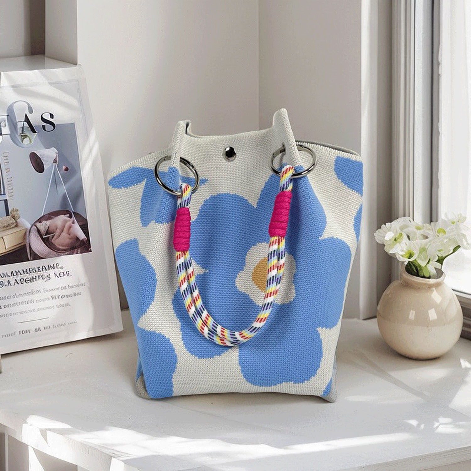 柄ものロープハンドルニットバッグ - 画像2