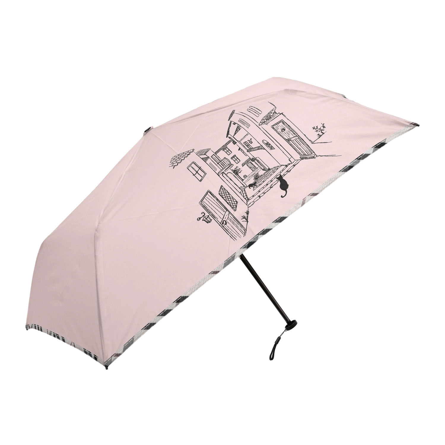 チェックパイピングと猫 軽量ミニ傘