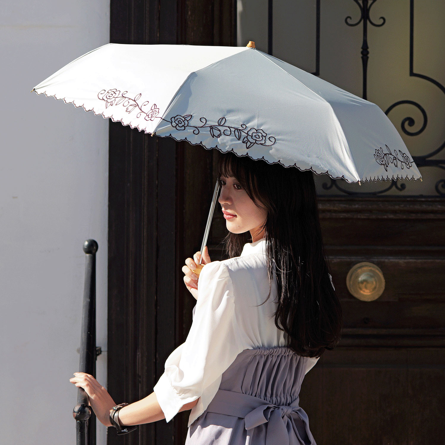 晴雨兼用 ローズ刺繍ミニ傘