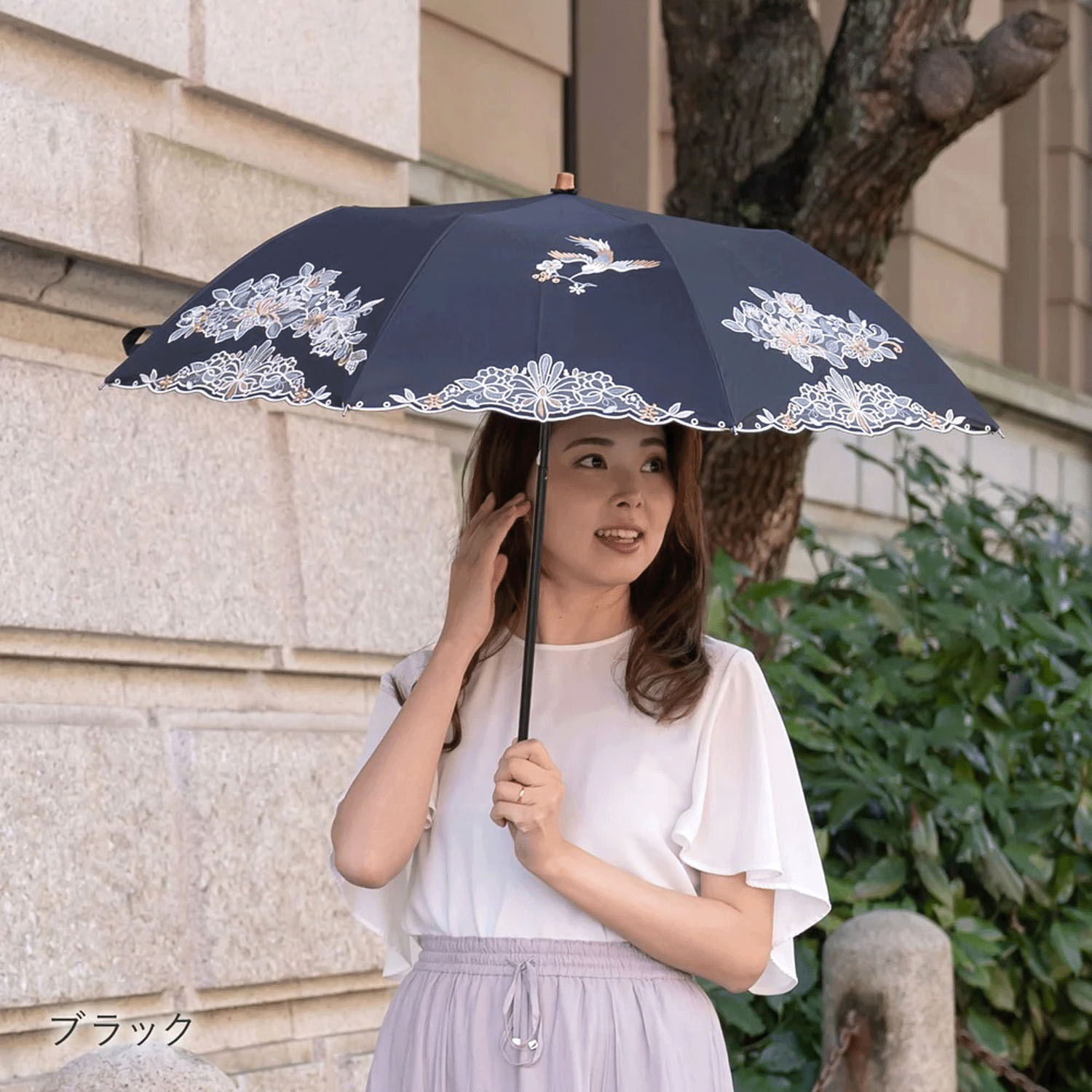 完全遮光 （晴雨兼用）女優日傘 「花鳥オーガンジー刺繍かわず張り」ショート折り畳み