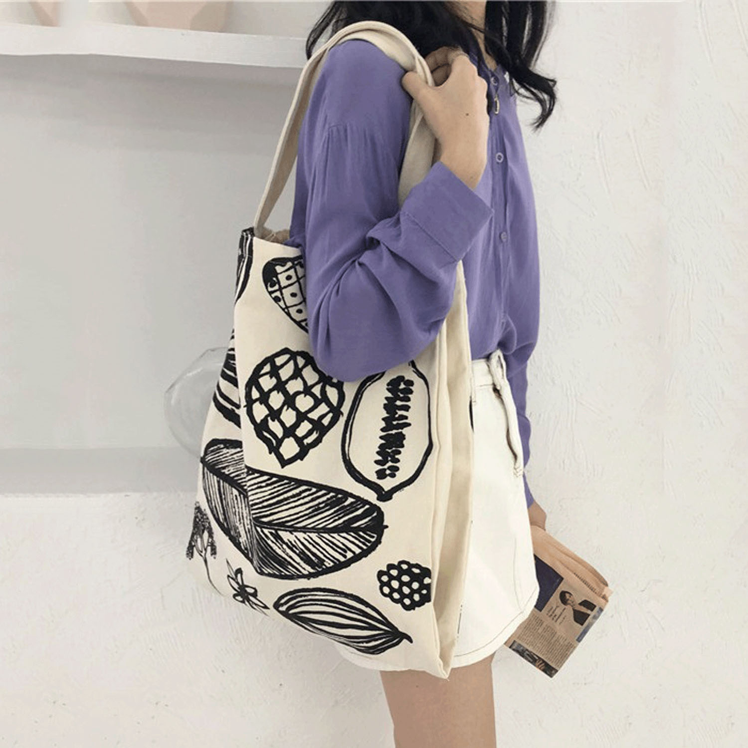 キャンバス植物柄トートバッグ