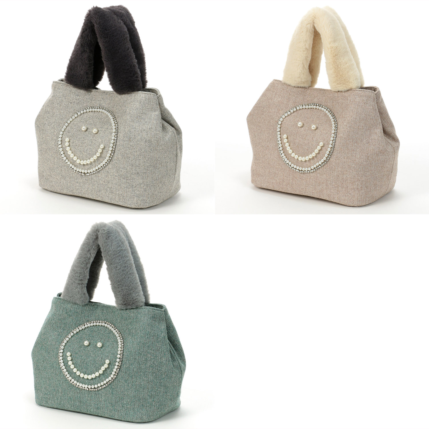 COOCO スマイルパール刺繍×エコファーハンドルトートバッグ