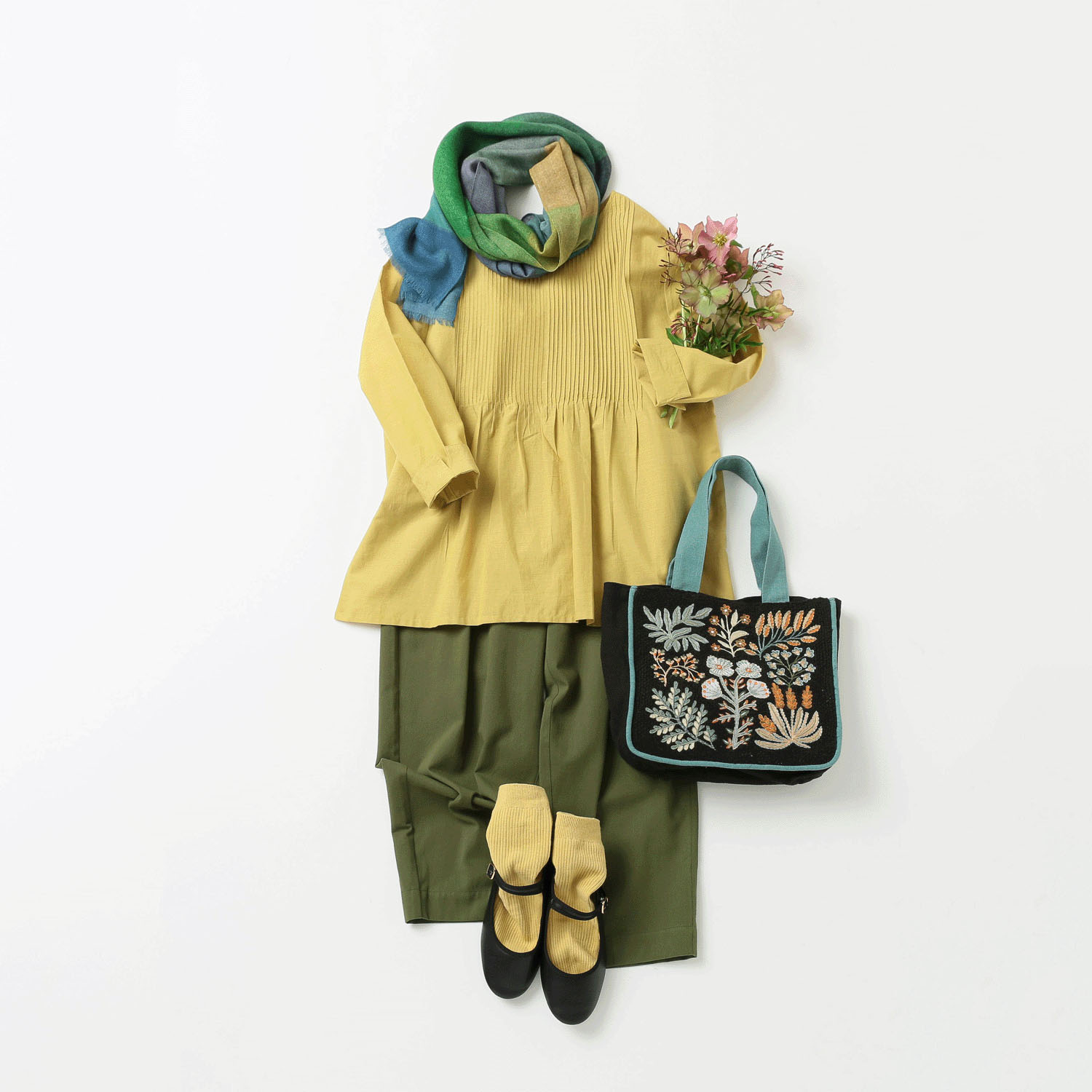 プラント刺繍マチ付きトートバッグ