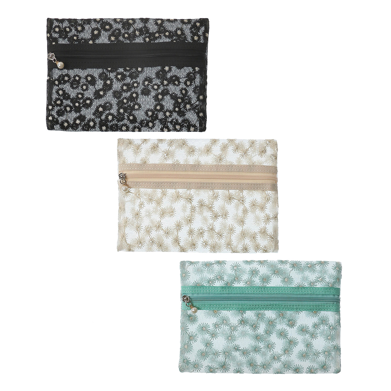 メッシュ花刺繍3Pポーチ - 画像1