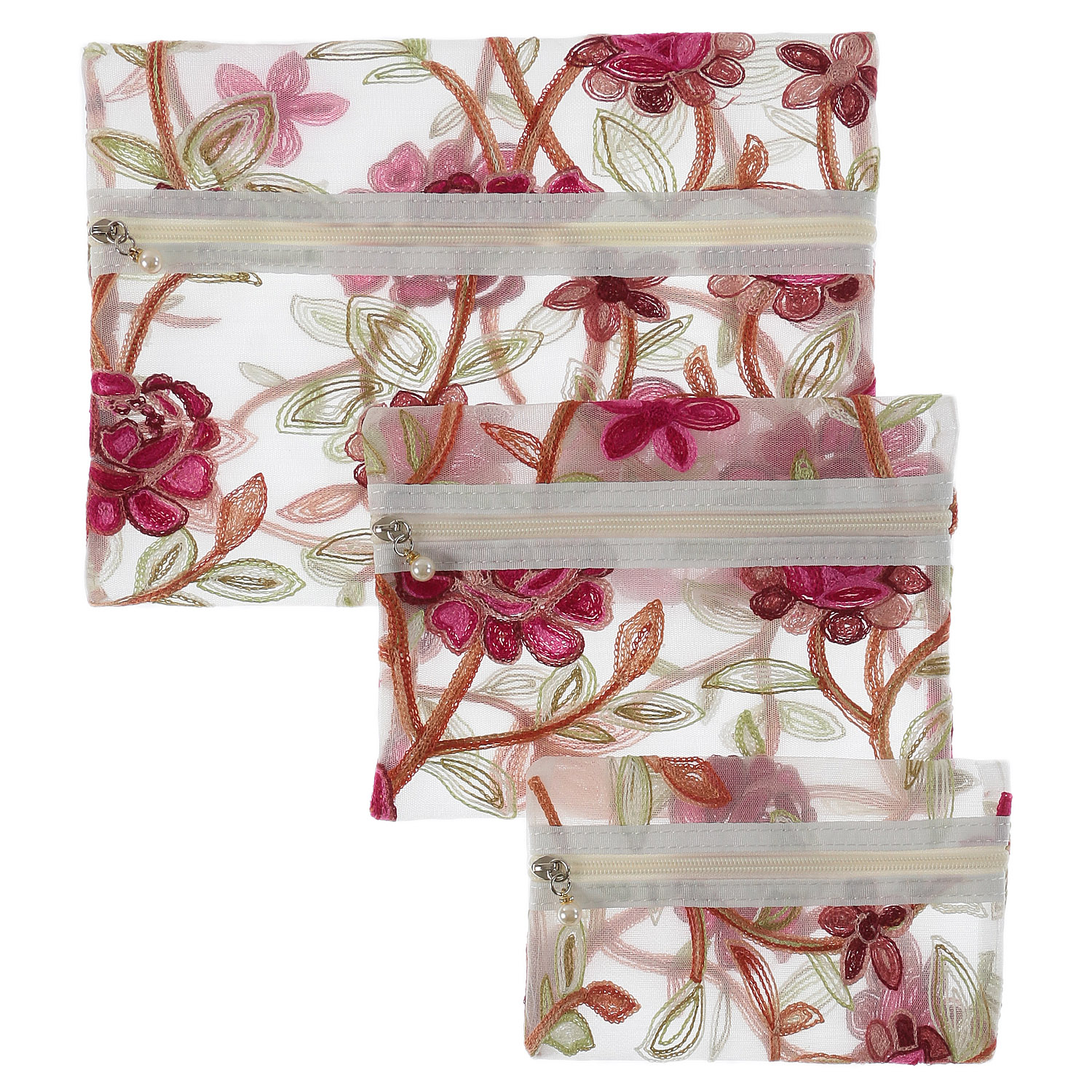 メッシュ花柄刺繍3Pポーチ - 画像3