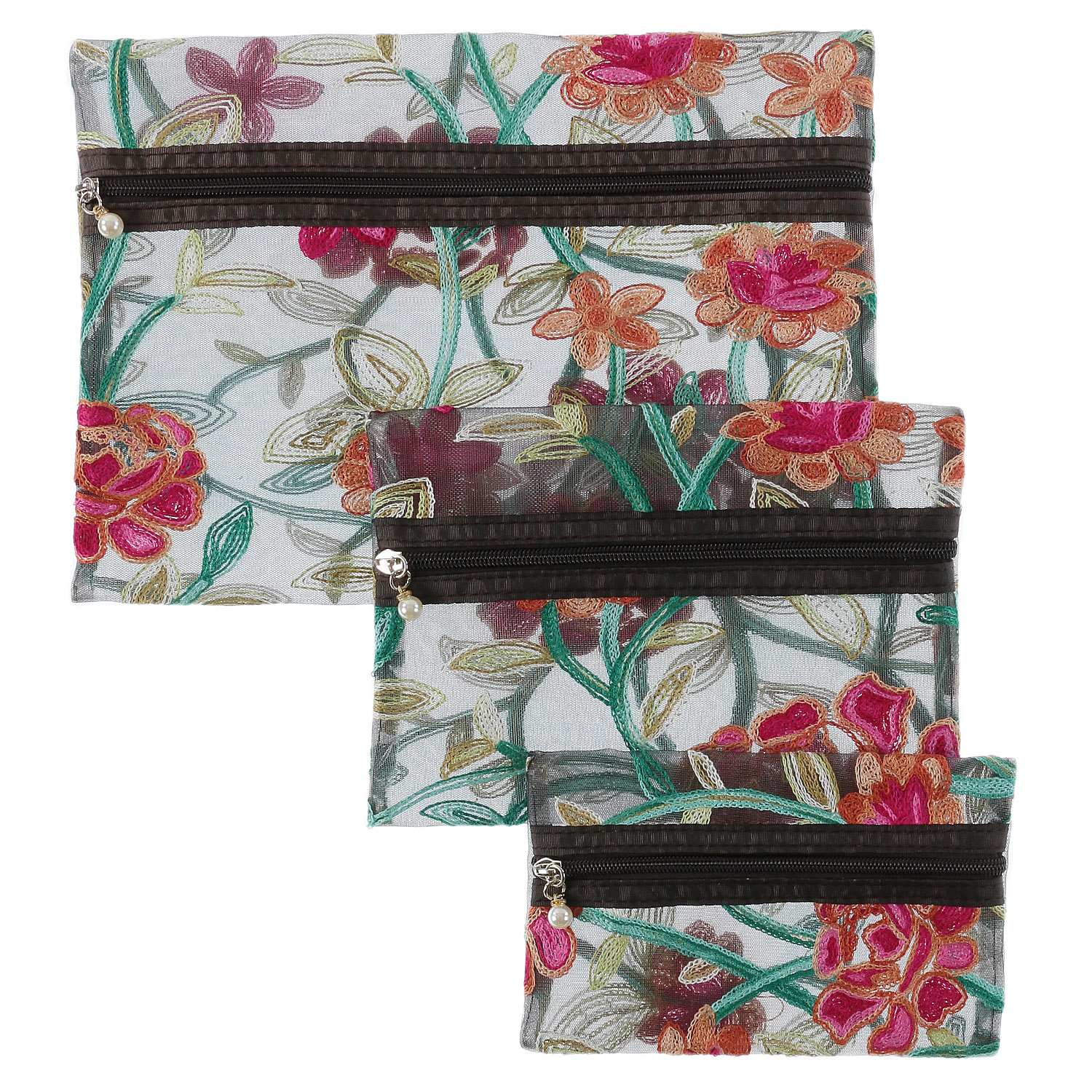 メッシュ花柄刺繍3Pポーチ - 画像6