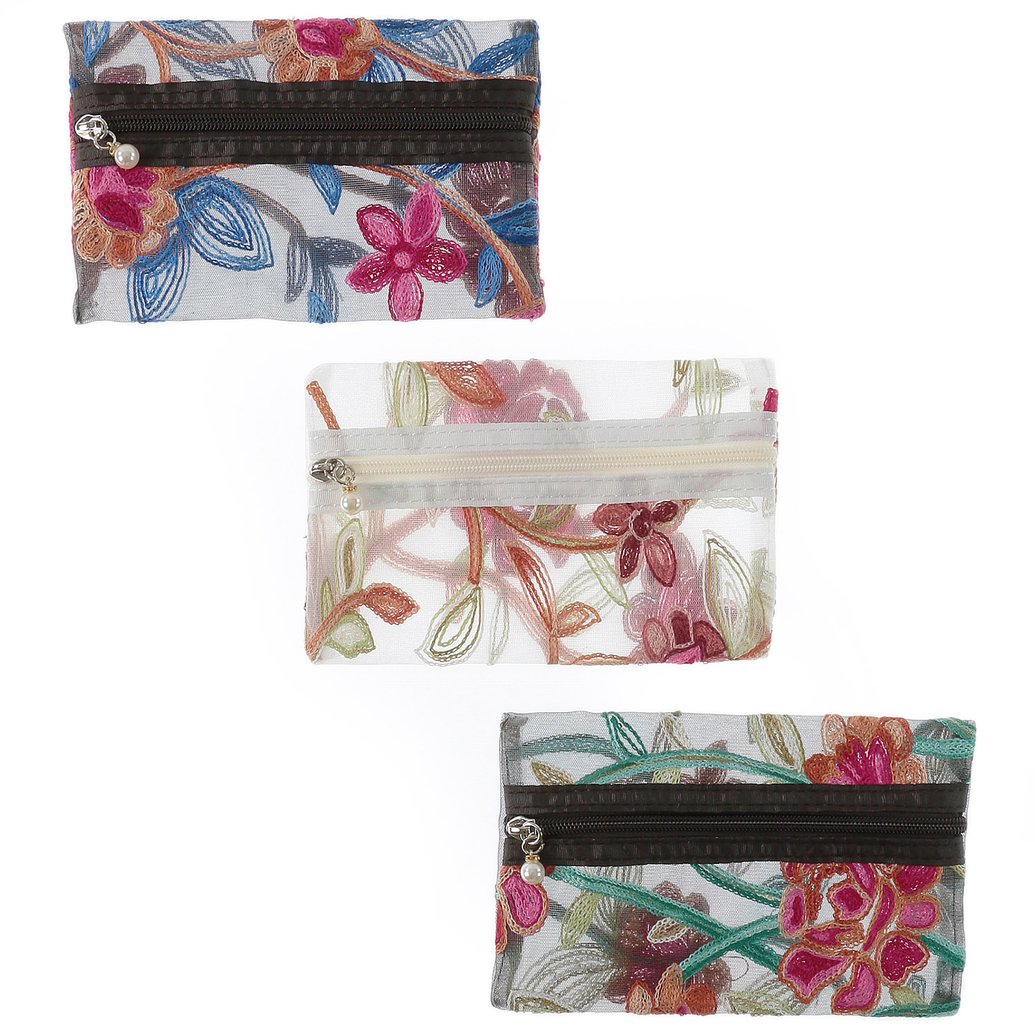 メッシュ花柄刺繍3Pポーチ