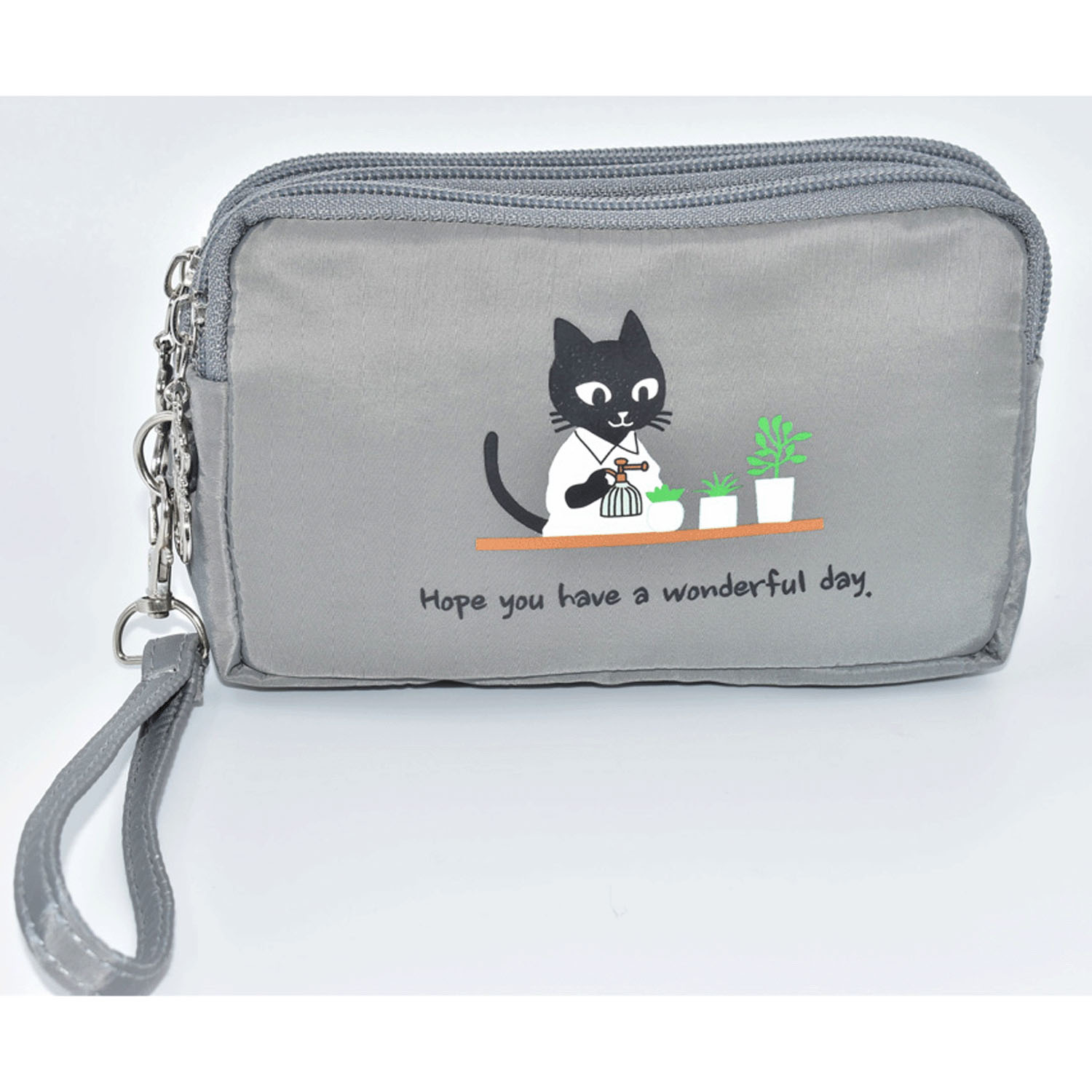 【15番色終了】 3連ファスナー黒猫プリントポーチ