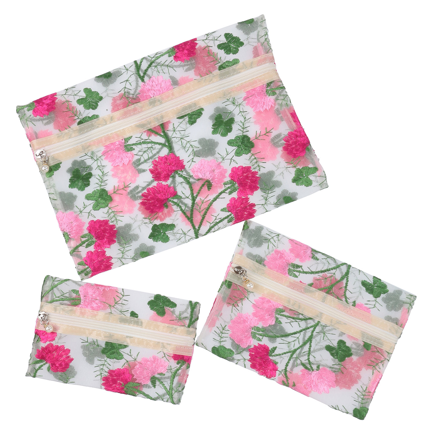 メッシュ3点ポーチ バラ刺繍柄 - 画像2