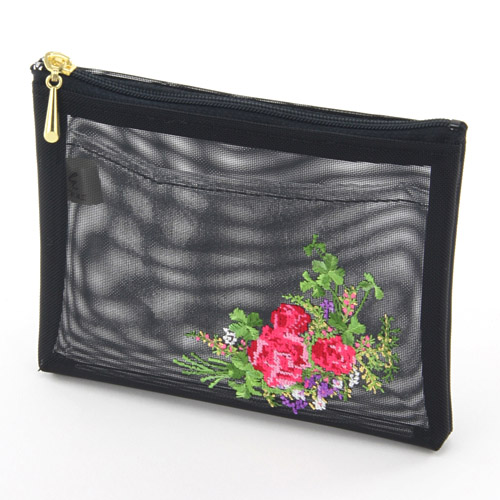 薔薇＆四つ葉 ミニ薄型メッシュポーチ
