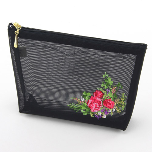 薔薇＆四つ葉 つまみ型メッシュポーチ