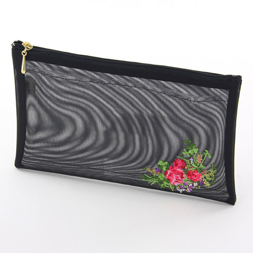 薔薇＆四つ葉 横長型メッシュポーチ