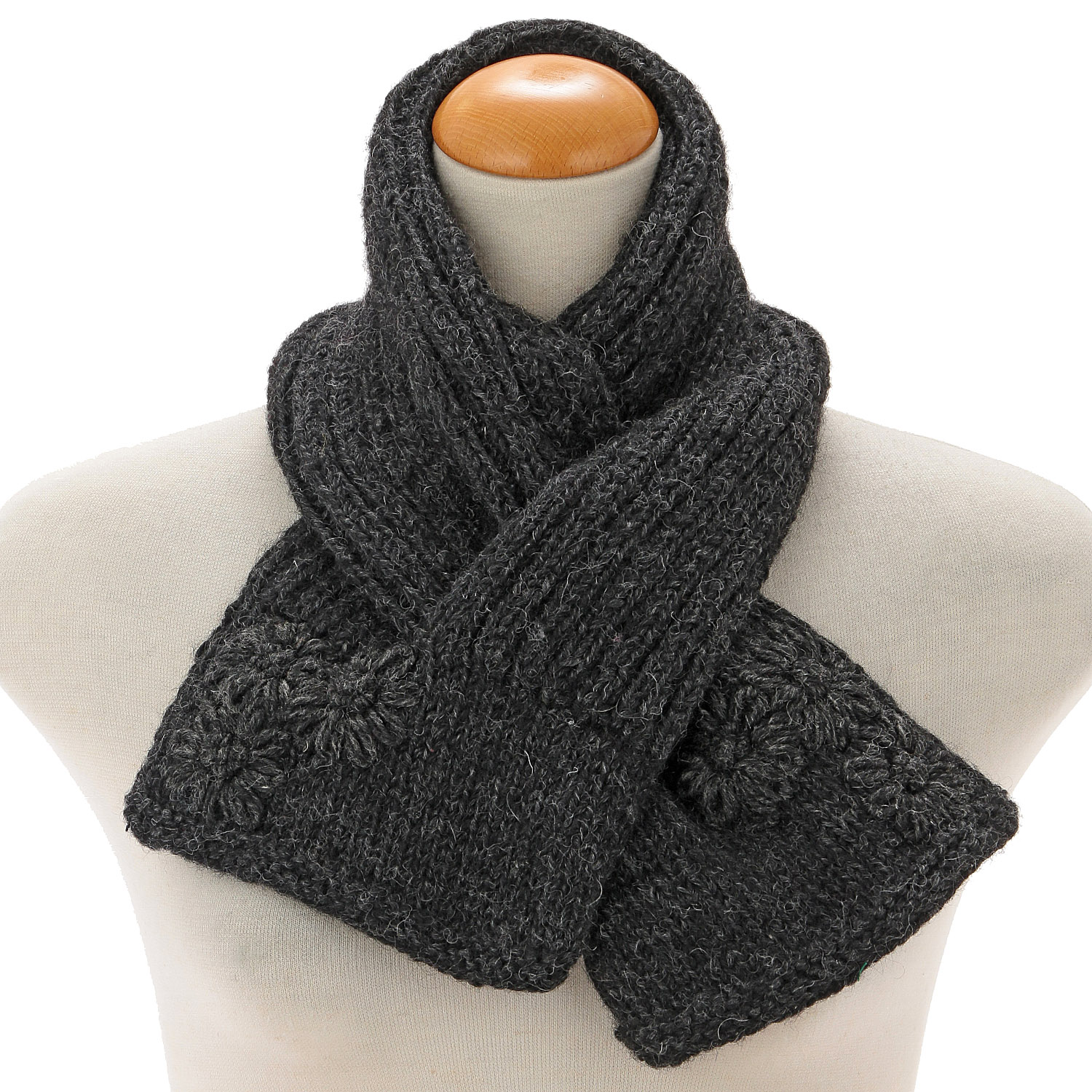 ネパール製 シンプルフラワー刺繍ミニマフラー