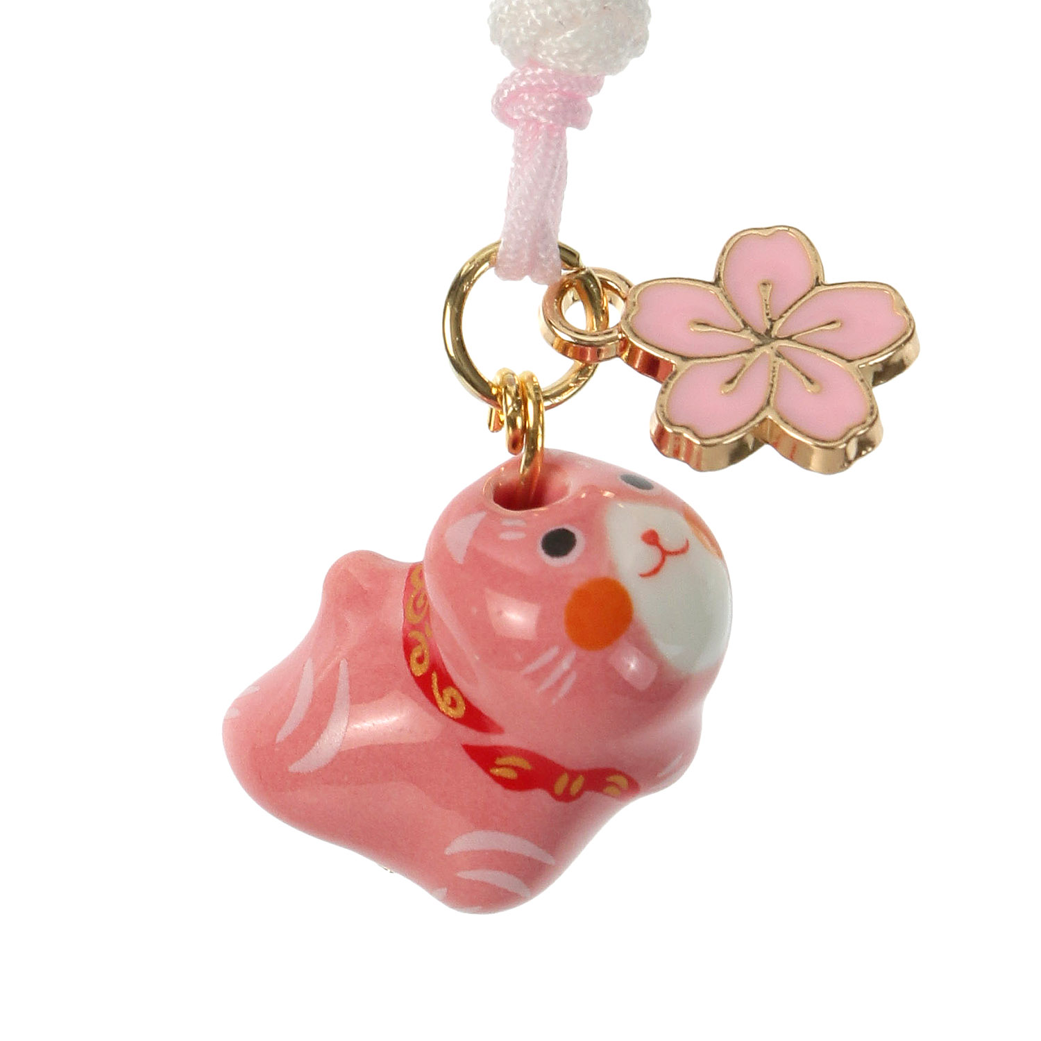 陶器上目づかい猫桜付き結び根付 - 画像2