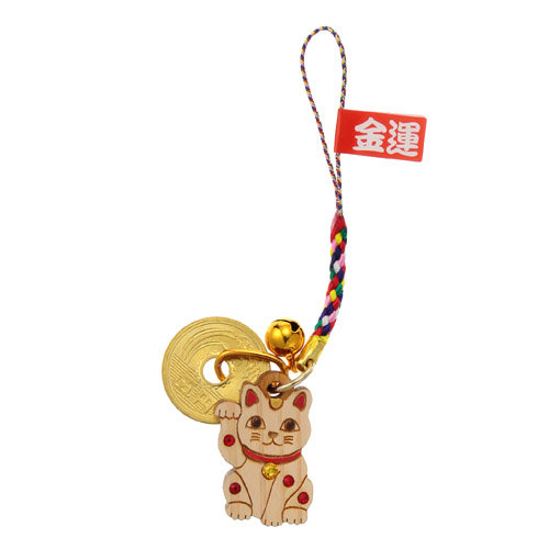 金運招き猫 ひのき5円玉付根付