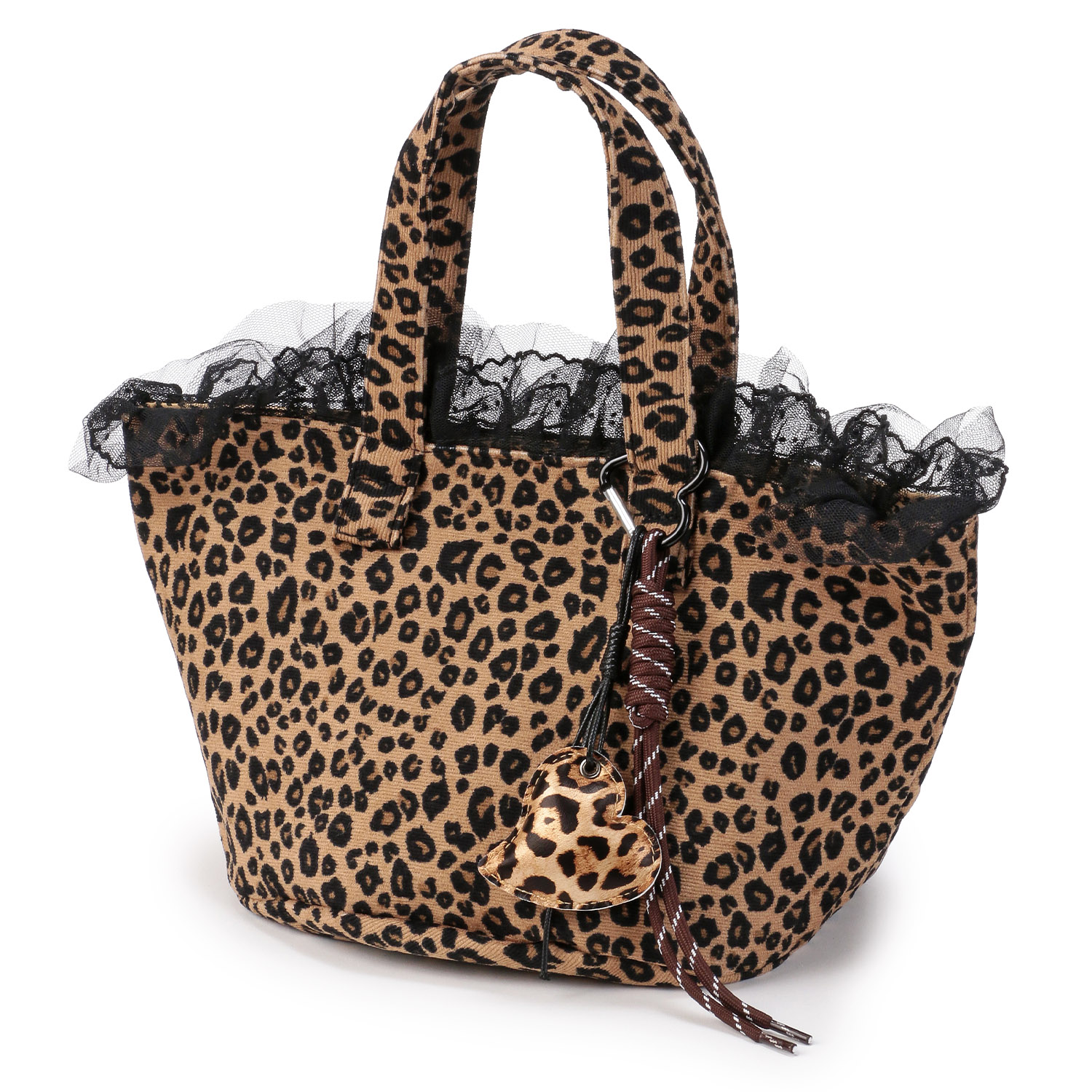 レース付きヒョウ柄バッグ チャーム付き