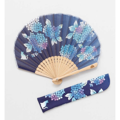 あじさい猫扇子 紺