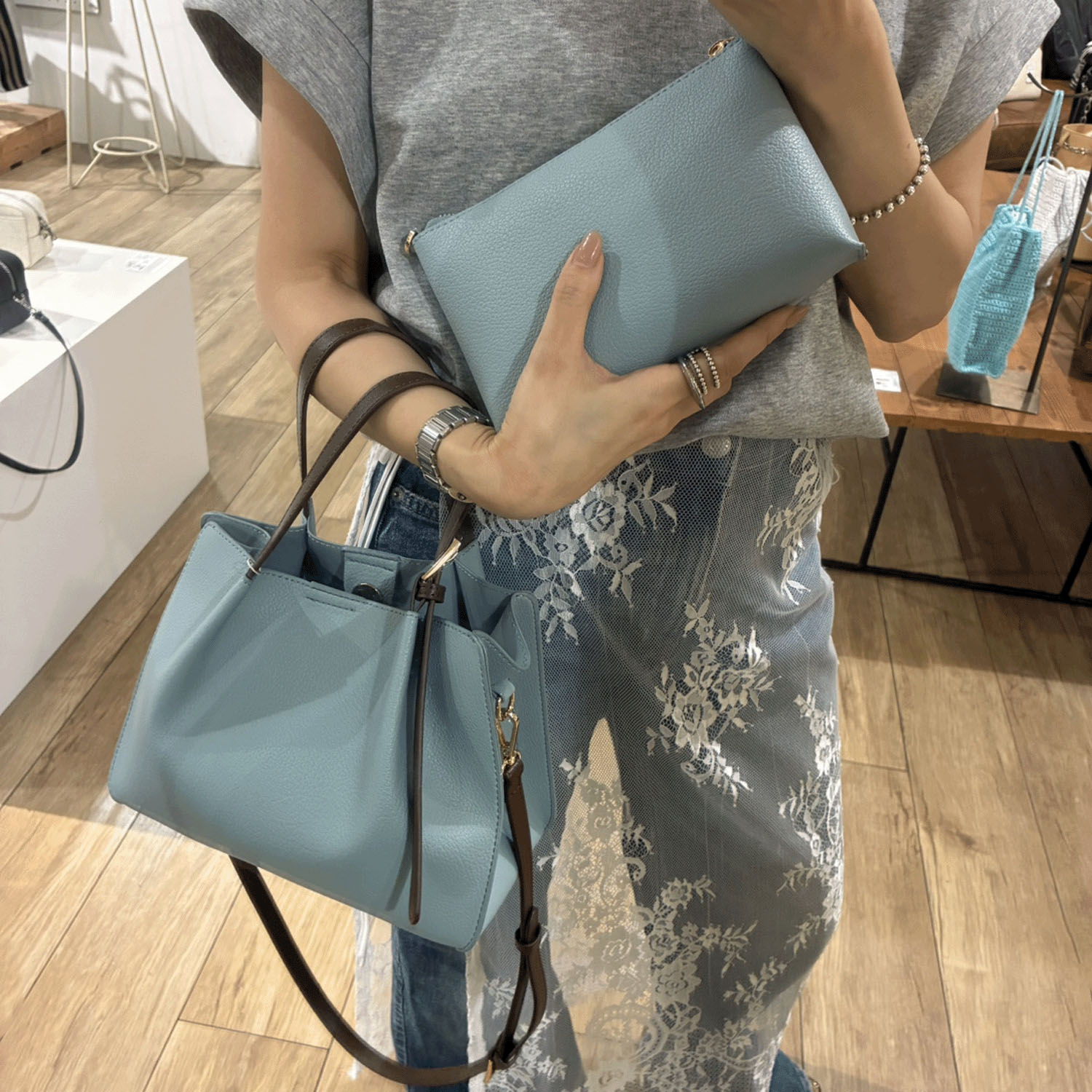 cachecache フェイクレザーショルダーバッグ付スクエアトート