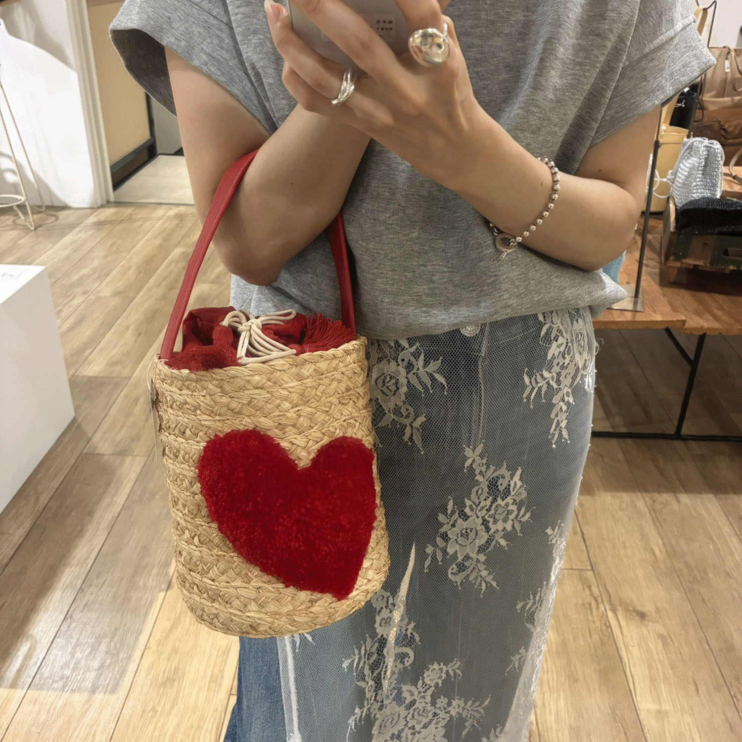 【Insta Live】cachecache ハート付ラフィアバケットトート