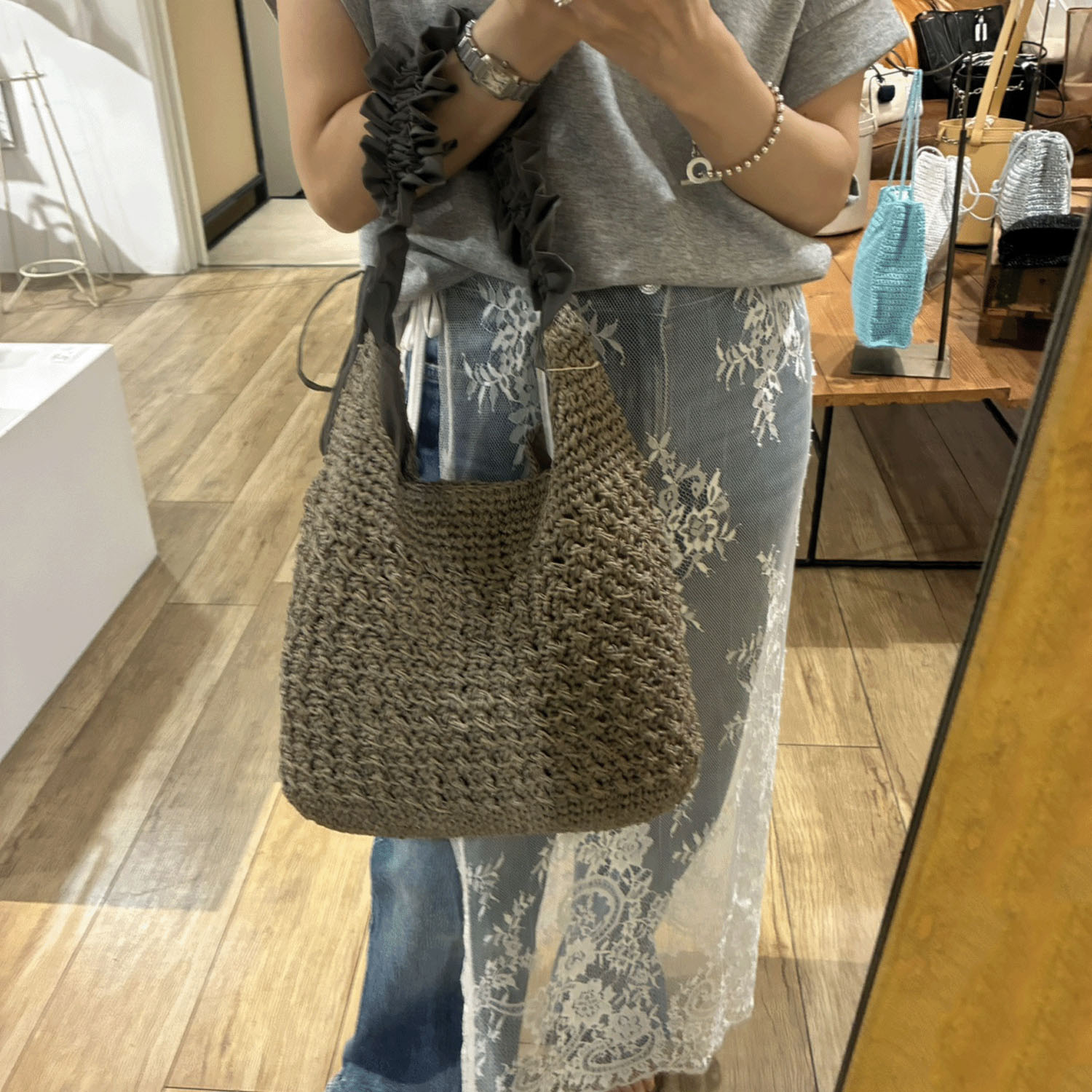 cachecache ドロストフリルハンドル地柄編みトート