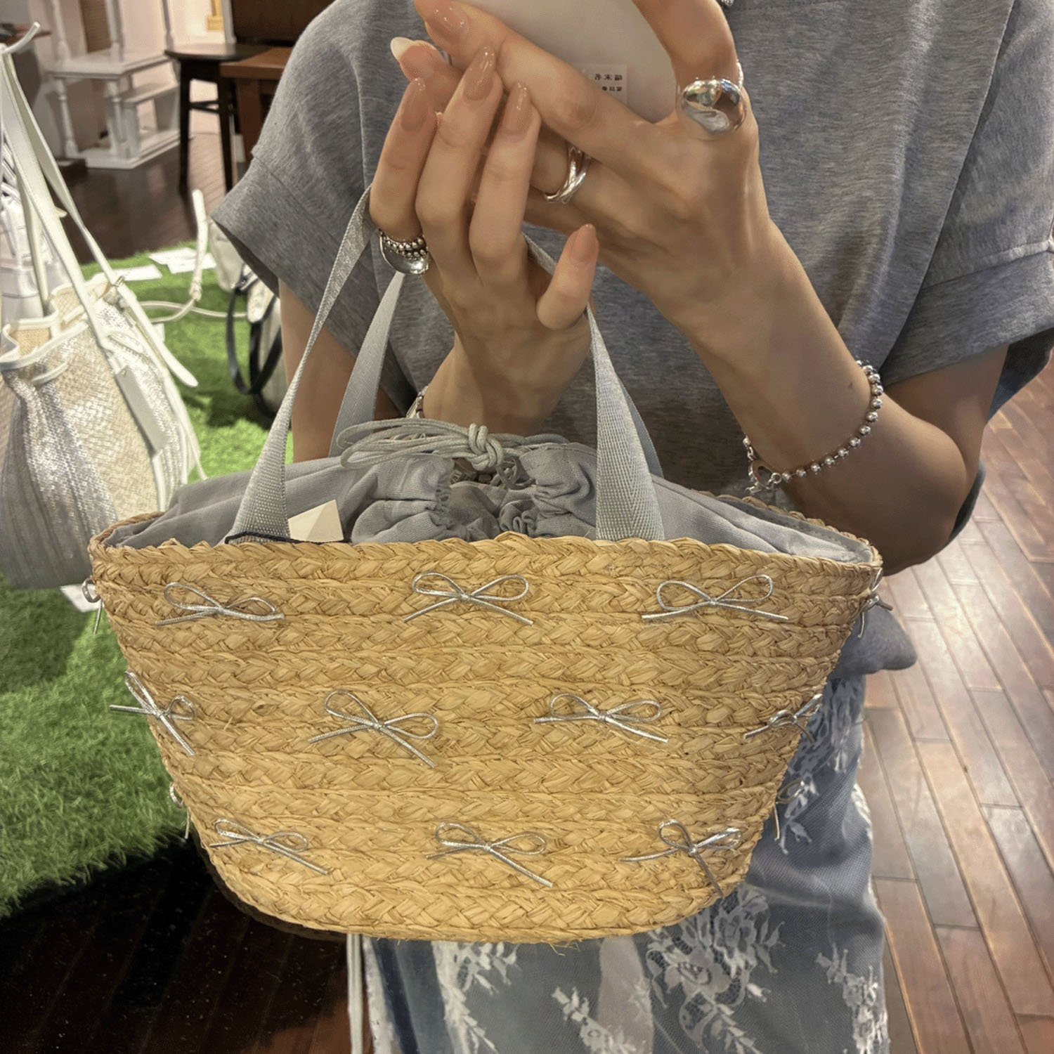 kakatoo ラフィアブレードリボンバッグ