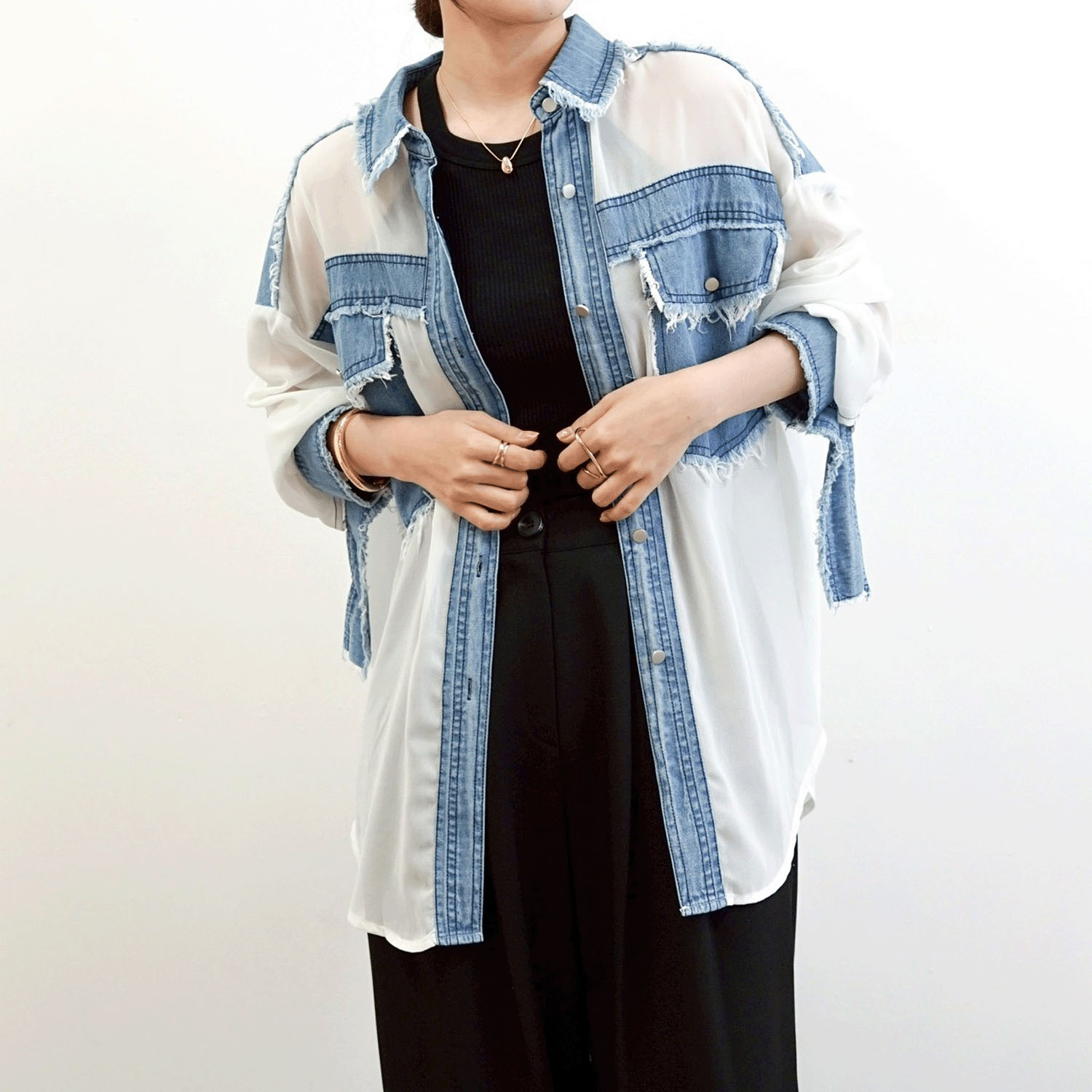 SEVEN SENSE デニム切替シアーシャツ - 画像8