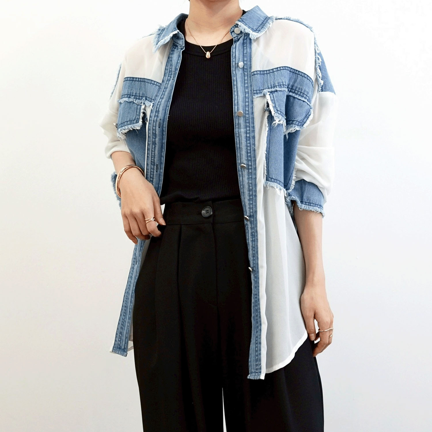 SEVEN SENSE デニム切替シアーシャツ