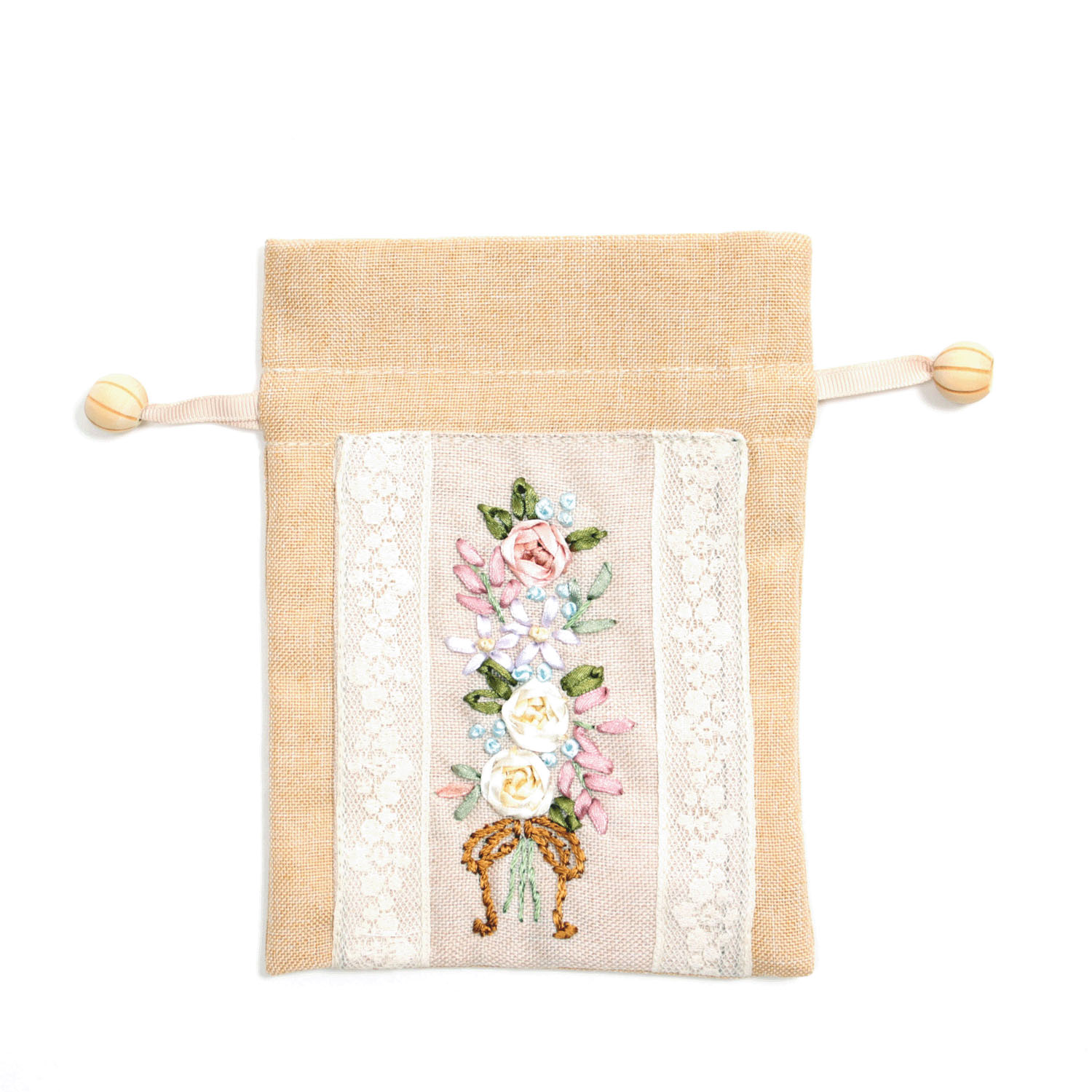 リボン刺繍 ベージュ 巾着M