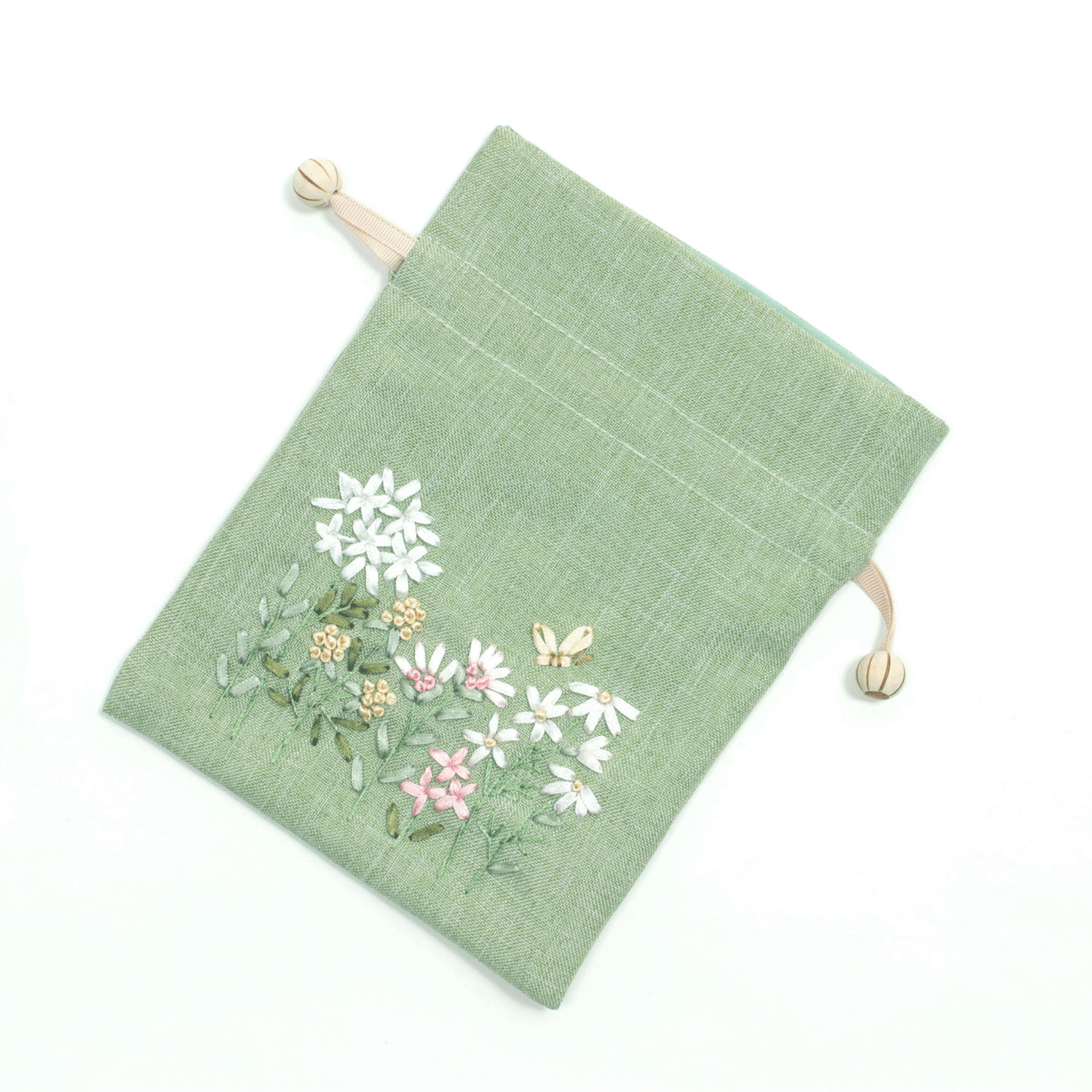 リボン刺繍 グリーン 巾着
