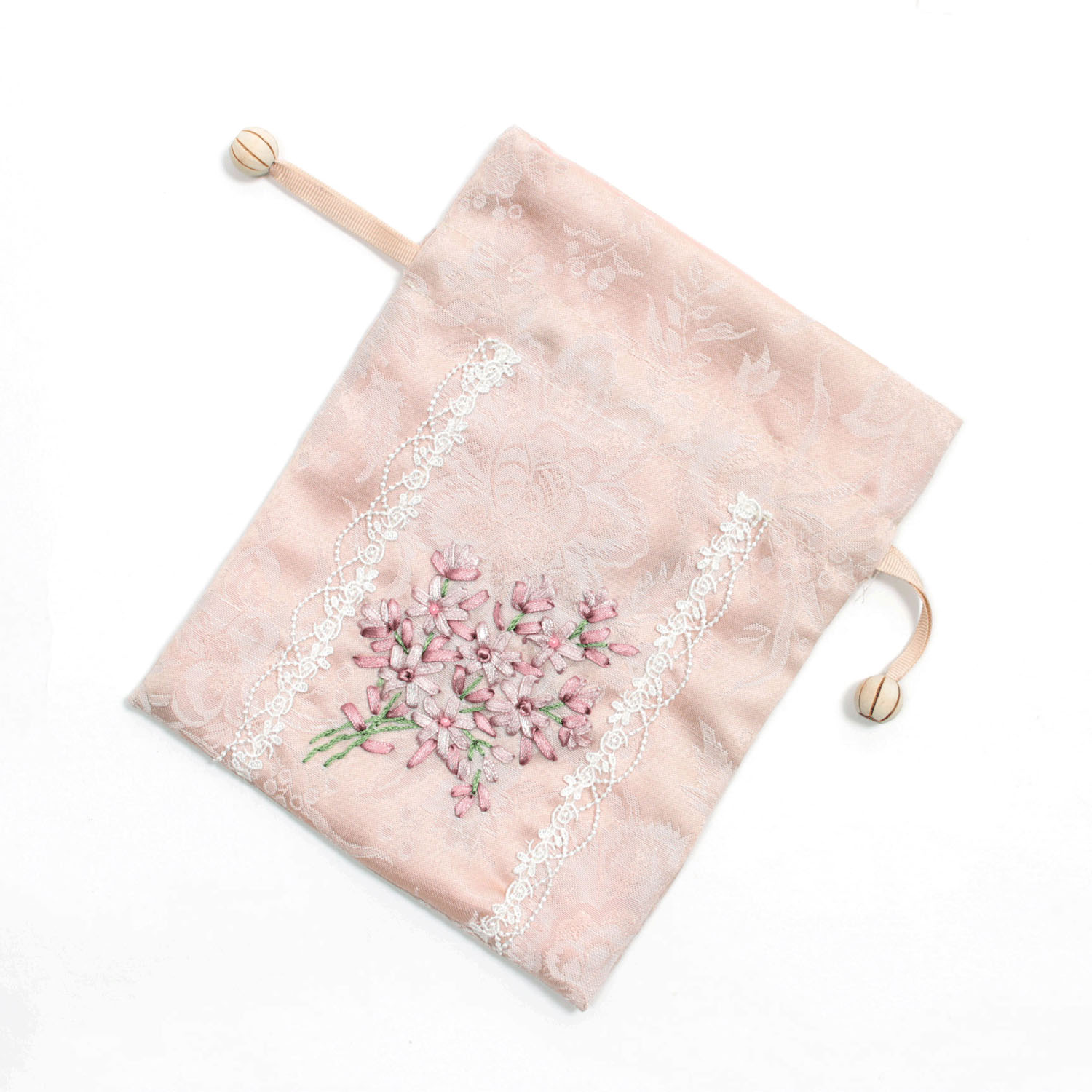 リボン刺繍 ピンク 巾着