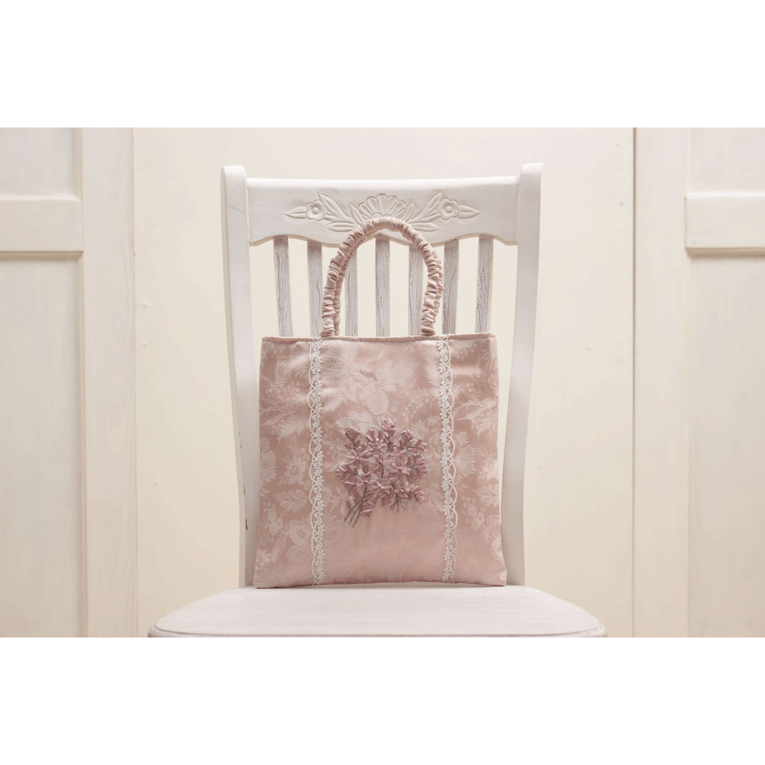 リボン刺繍 ピンク スクエアバッグ - 画像5