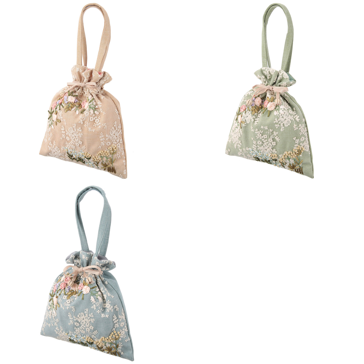 リボン刺繍フローリストシリーズ 巾着型バッグ