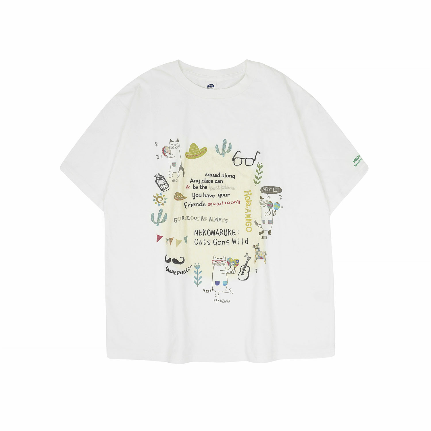 接触冷感 オフホワイトTシャツ ネコまるけ柄