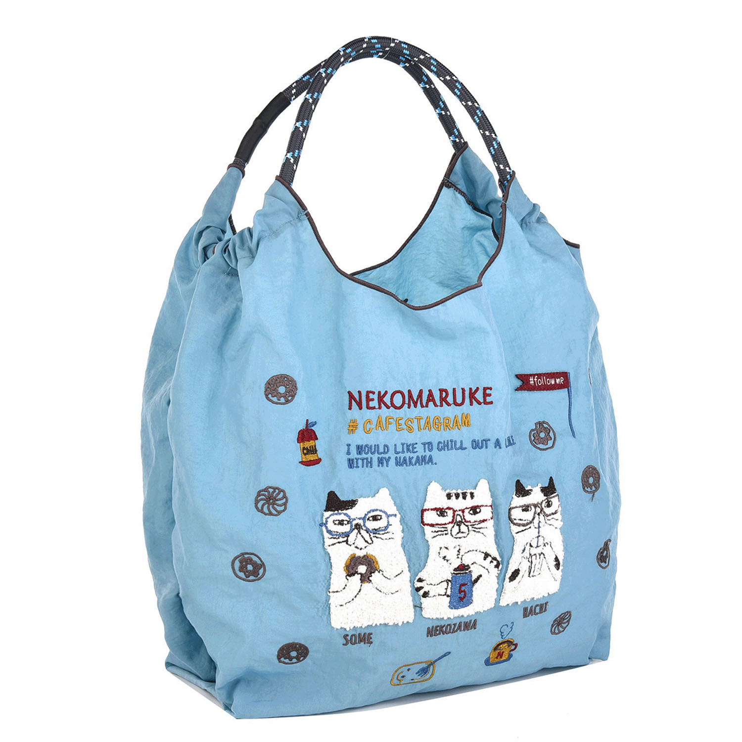 撥水加工刺繍ワッシャーバッグ M ネコまるけ柄 - 画像12